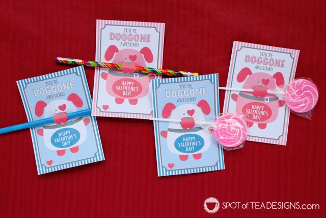 Printable Classroom Valentine's - dog themed pencil or lollipop holders | spotofoteadesigns.com