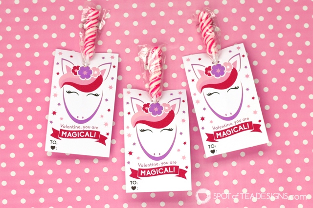 Printable classroom valentines - unicorn lollipop holders | spotofteadesigns.com