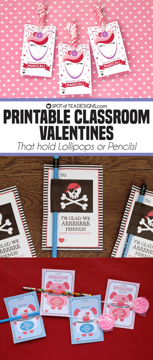 Printable Classroom Valentine's - that hold lollipops or pencils! Personalized options also available | spotofoteadesigns.com