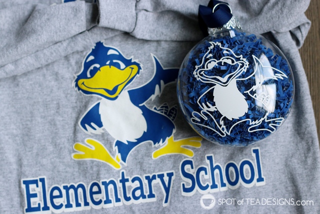 DIY Christmas Teacher Gift: Mascot Ornament with child's signature on the back - made with a cricut | spotofteadesigns.com