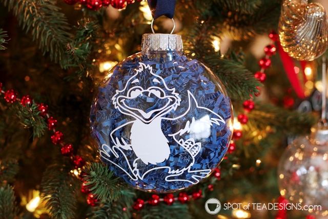 DIY Christmas Teacher Gift: Mascot Ornament with child's signature on the back - made with a cricut | spotofteadesigns.com