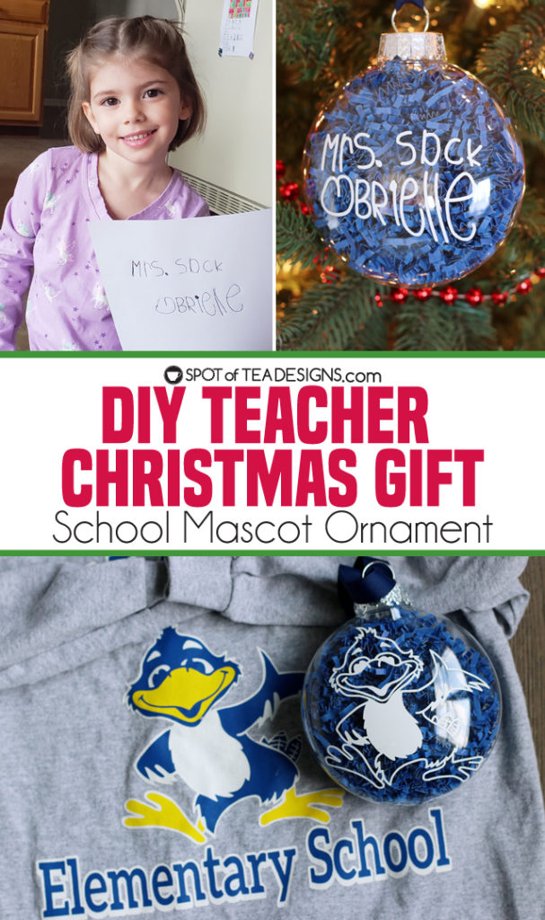 DIY Christmas Teacher Gift: Mascot Ornament with child's signature on the back - made with a cricut | spotofteadesigns.com