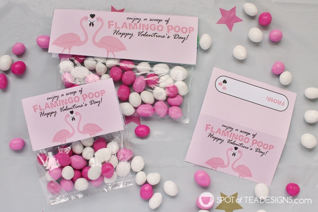 Flamingo poop printable valentine's bag toppers available for instant download | spotofteadesigns.com