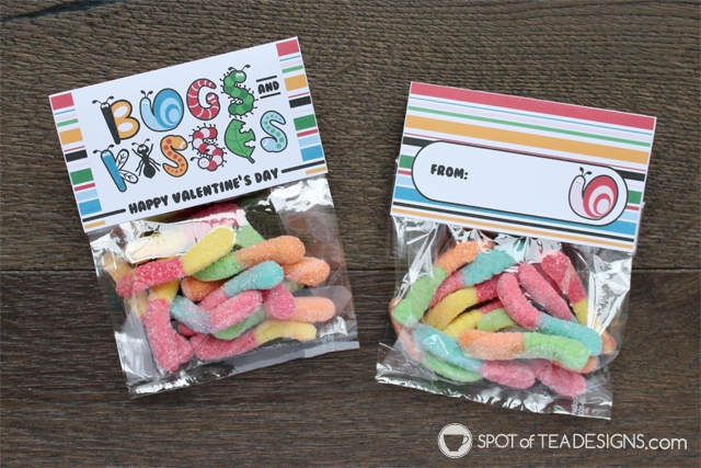 Printable classroom valentines - Bugs and Kisses bag toppers available in two sizes | spotofteadesigns.com