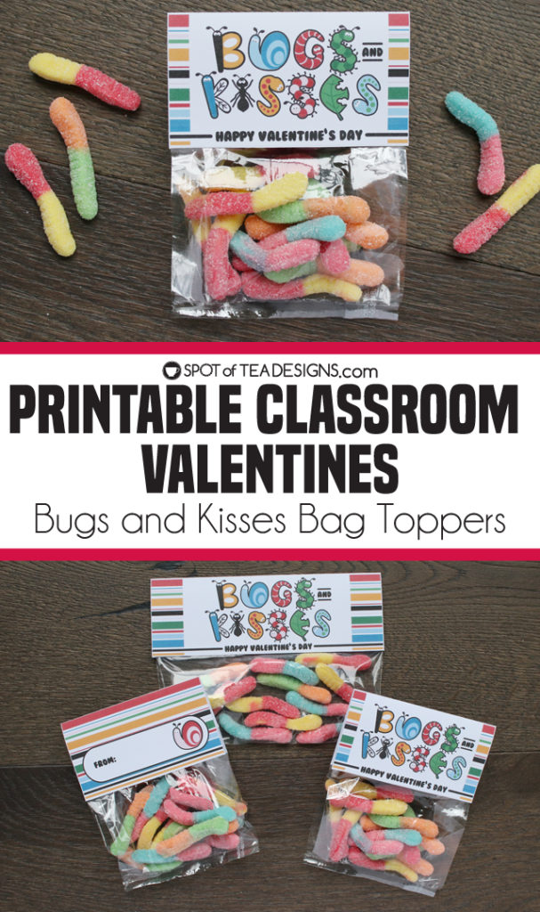 Printable classroom valentines - Bugs and Kisses bag toppers available in two sizes | spotofteadesigns.com