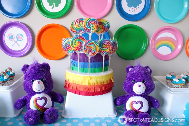 DIY rainbow lollipop holder - an easy way to display candy on your dessert table | spotofteadesigns.com
