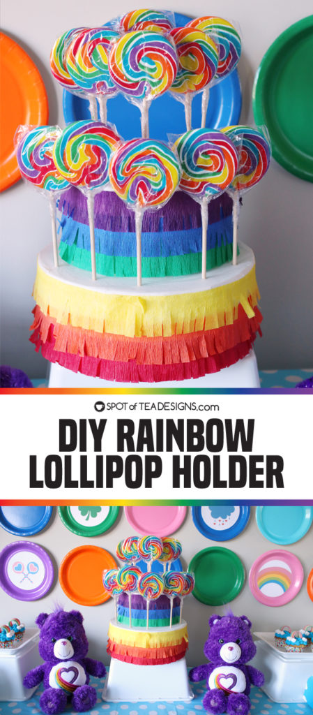 DIY rainbow lollipop holder - an easy way to display candy on your dessert table | spotofteadesigns.com