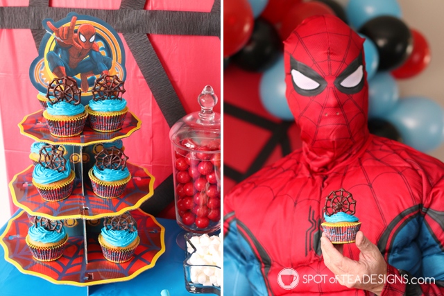 5+ budget friendly spider-man party hacks - chocolate spider web cupcake toppers | spotofteadesigns.com