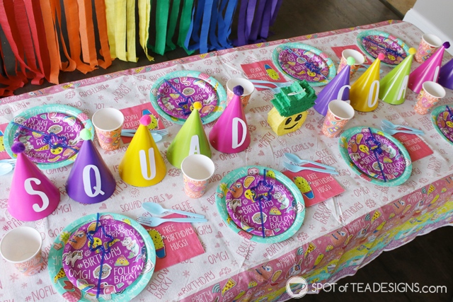 Squad goals party hat centerpiece idea for kids birthday party, complete with free SVG file for this font matching a "Selfie Celebration" party line | spotofteadesigns.com