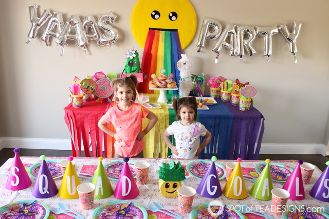 Squad goals party hat centerpiece idea for kids birthday party, complete with free SVG file for this font matching a "Selfie Celebration" party line | spotofteadesigns.com