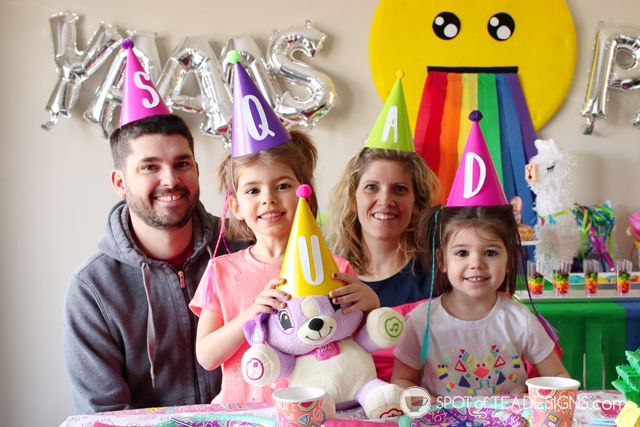 Squad goals party hat centerpiece idea for kids birthday party, complete with free SVG file for this font matching a "Selfie Celebration" party line | spotofteadesigns.com