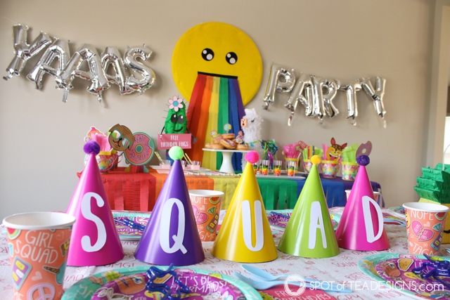 Squad goals party hat centerpiece idea for kids birthday party, complete with free SVG file for this font matching a "Selfie Celebration" party line | spotofteadesigns.com