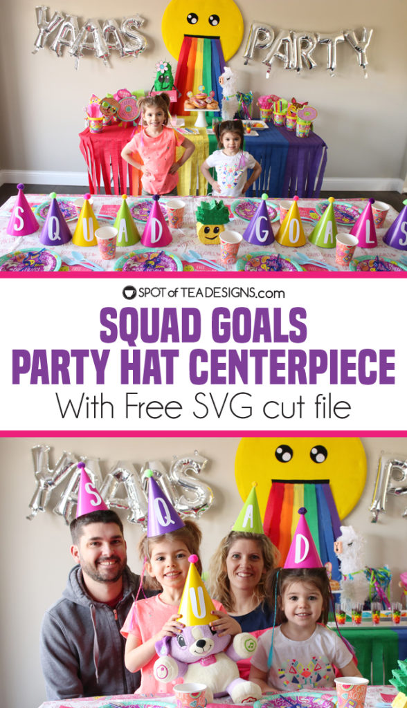Squad goals party hat centerpiece idea for kids birthday party, complete with free SVG file for this font matching a "Selfie Celebration" party line | spotofteadesigns.com