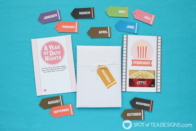 Year of Date Night Kit - this instant download PDF is great for group bridal shower gifts or wedding gifts! | spotofteadesigns.com