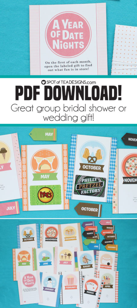 Year of Date Night Kit - this instant download PDF is great for group bridal shower gifts or wedding gifts! | spotofteadesigns.com