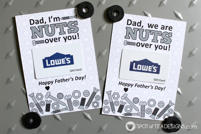 Father's Day printable | Nuts over you gift card holder you can pair with a gift card to the home improvement store | spotofteadesigns.com