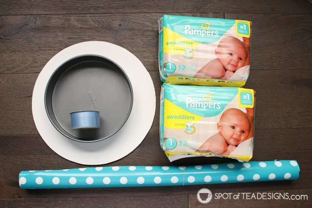 How to make a diaper cake for a baby shower without rollling diapers and using rubber bands | spotofteadesigns.com