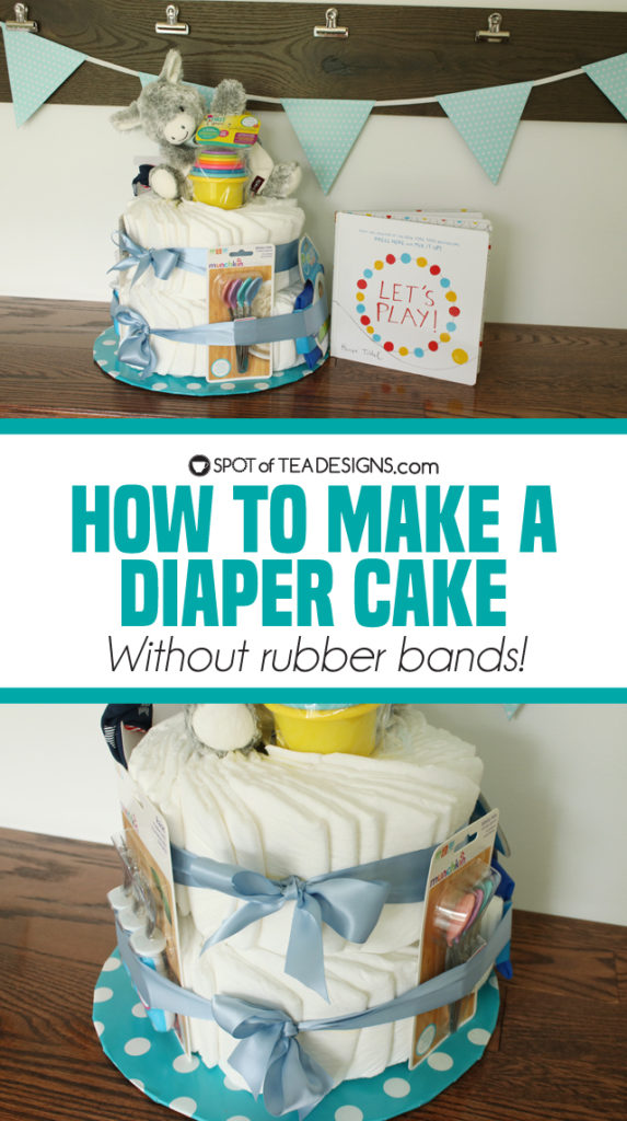 How to make a diaper cake for a baby shower without rollling diapers and using rubber bands | spotofteadesigns.com